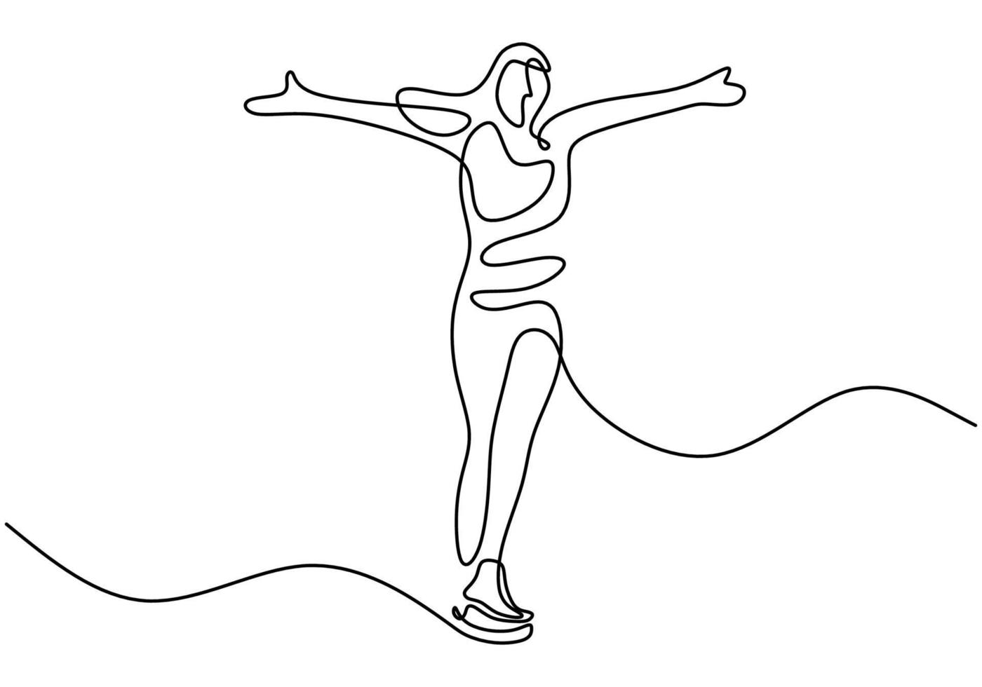 dessin au trait continu de jeune fille jouant au patin à glace dans la zone de glace isolée sur fond blanc. fille de patinage artistique dessiné à la main conception de minimalisme lineart. illustration d & # 39; activité hivernale de vecteur