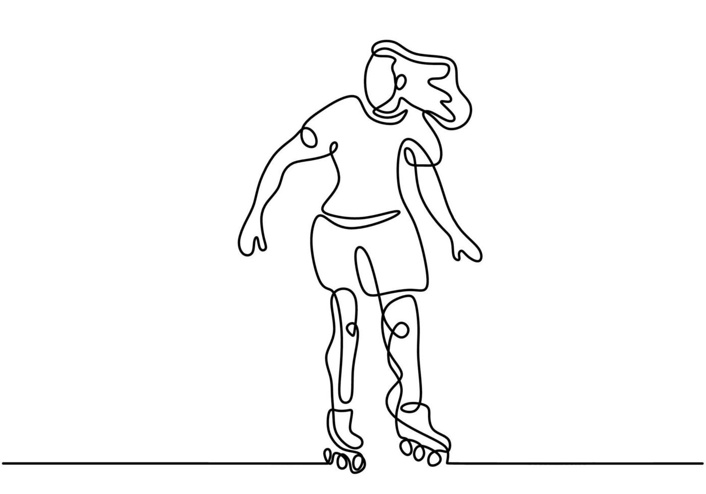 Un dessin au trait continu de la belle femme assise ir roller skate isolé sur fond blanc. personnage jeune fille monte des rollers. sport, loisirs, amitié, détente, thème de passe-temps. vecteur