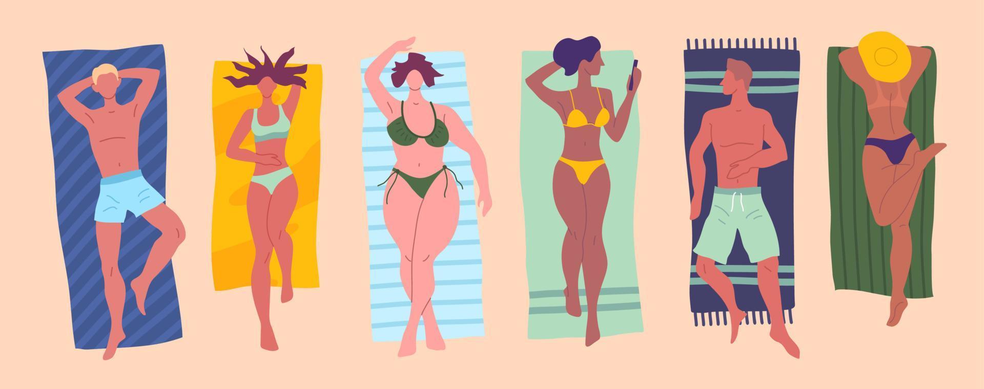 dessin animé Couleur personnages gens et bain de soleil sur le plage concept. vecteur