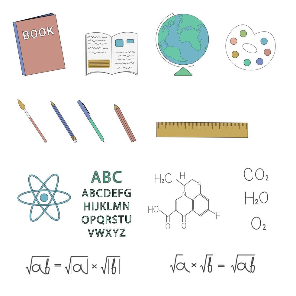 ensemble linéaire d'objets et de matières scolaires. éléments vectoriels. vecteur