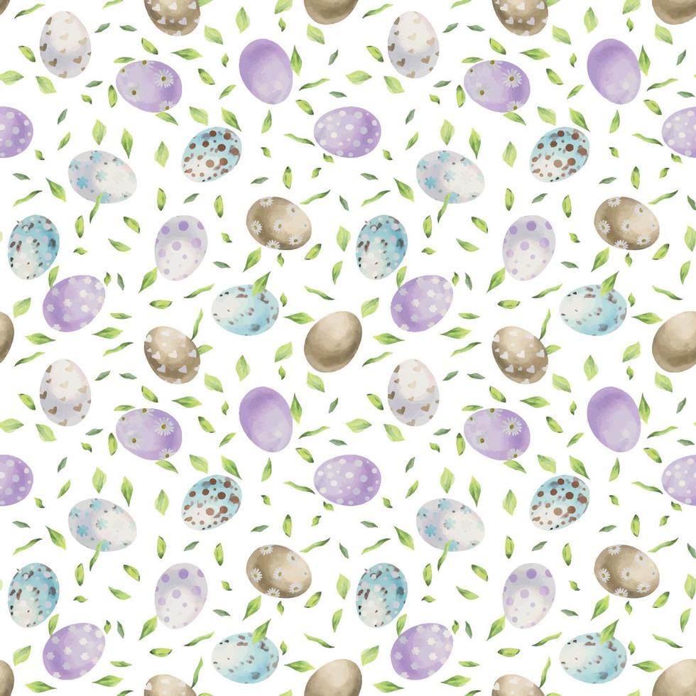 aquarelle main tiré Pâques fête clipart. sans couture modèle avec peint des œufs et feuilles. pastel couleur. isolé sur blanc Contexte. pour faire-part, cadeaux, salutation cartes, imprimer, textile vecteur