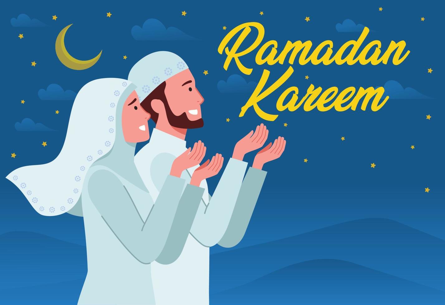 illustration de une musulman Masculin et femelle couple prier ensemble et en disant Ramadan kareem avec une nuit Contexte. vecteur