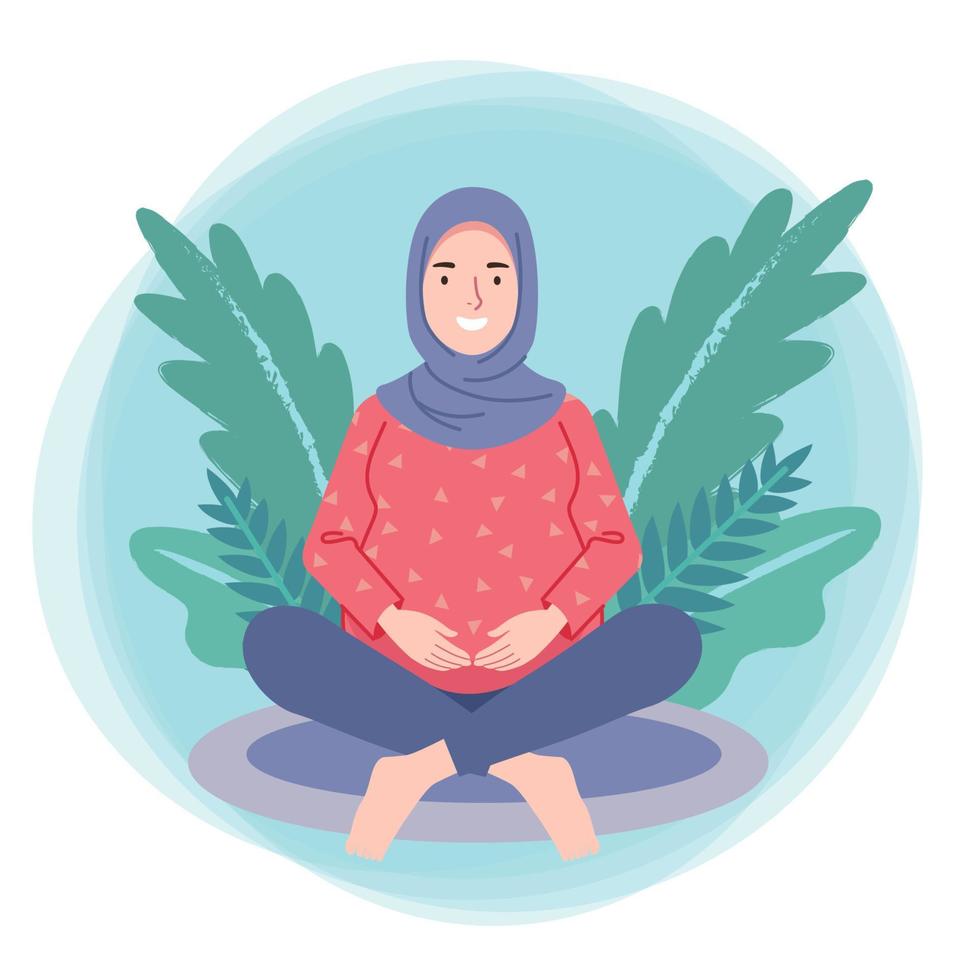 Enceinte femelle en utilisant hijab Faire une grossesse yoga et souriant avec une les plantes Contexte vecteur