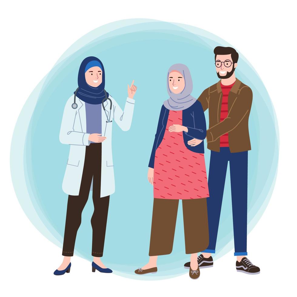 une musulman couple avec une Enceinte épouse faire une médecin visite et parlant avec leur femelle médecin vecteur