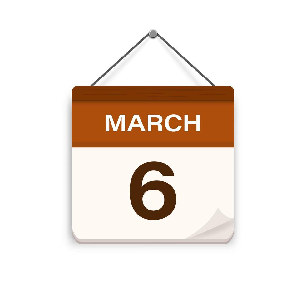 Mars 6, calendrier icône avec ombre. jour, mois. réunion rendez-vous temps. un événement programme date. plat vecteur illustration.
