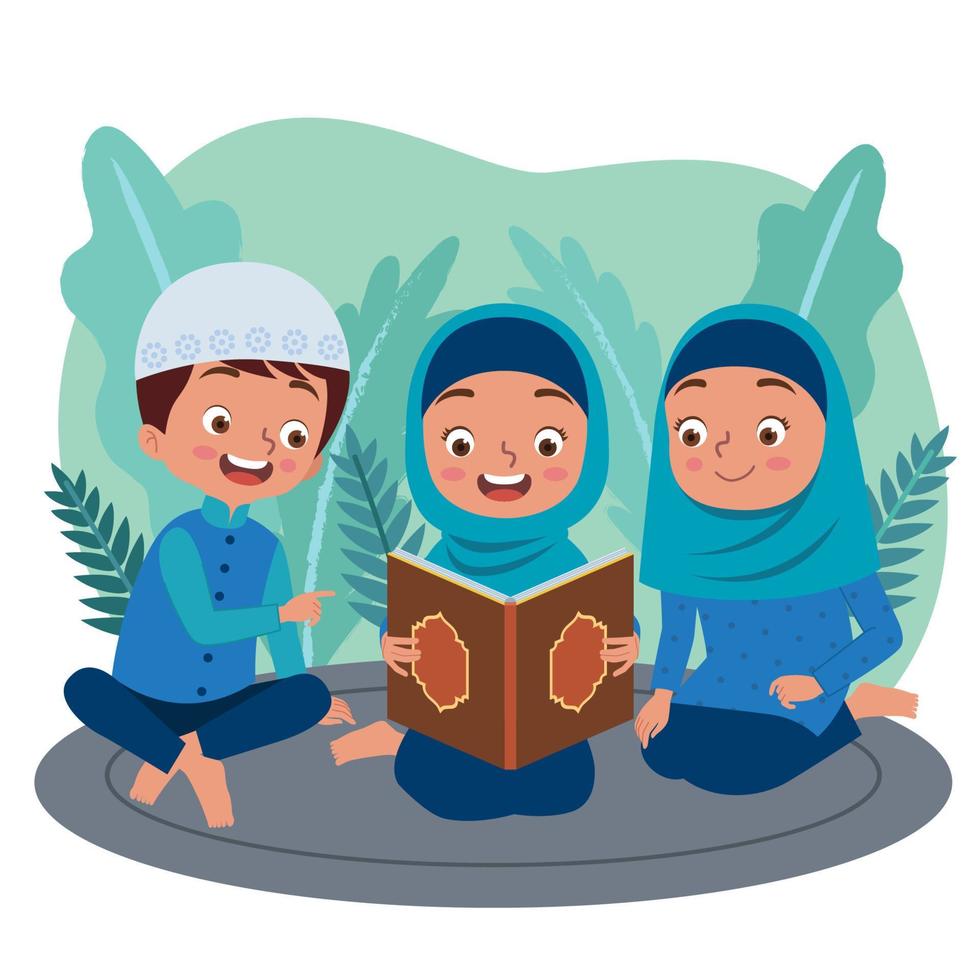 illustration de Trois Jeune musulman enfant sont en train de lire Al Quran ou le coran Heureusement ensemble. un de leur est en portant le coran, le autres sont joindre sa à lis il. vecteur