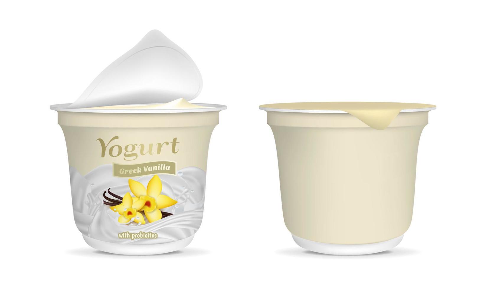 réaliste détaillé 3d ouvert grec vanille yaourt emballage récipient et vide modèle maquette ensemble. vecteur