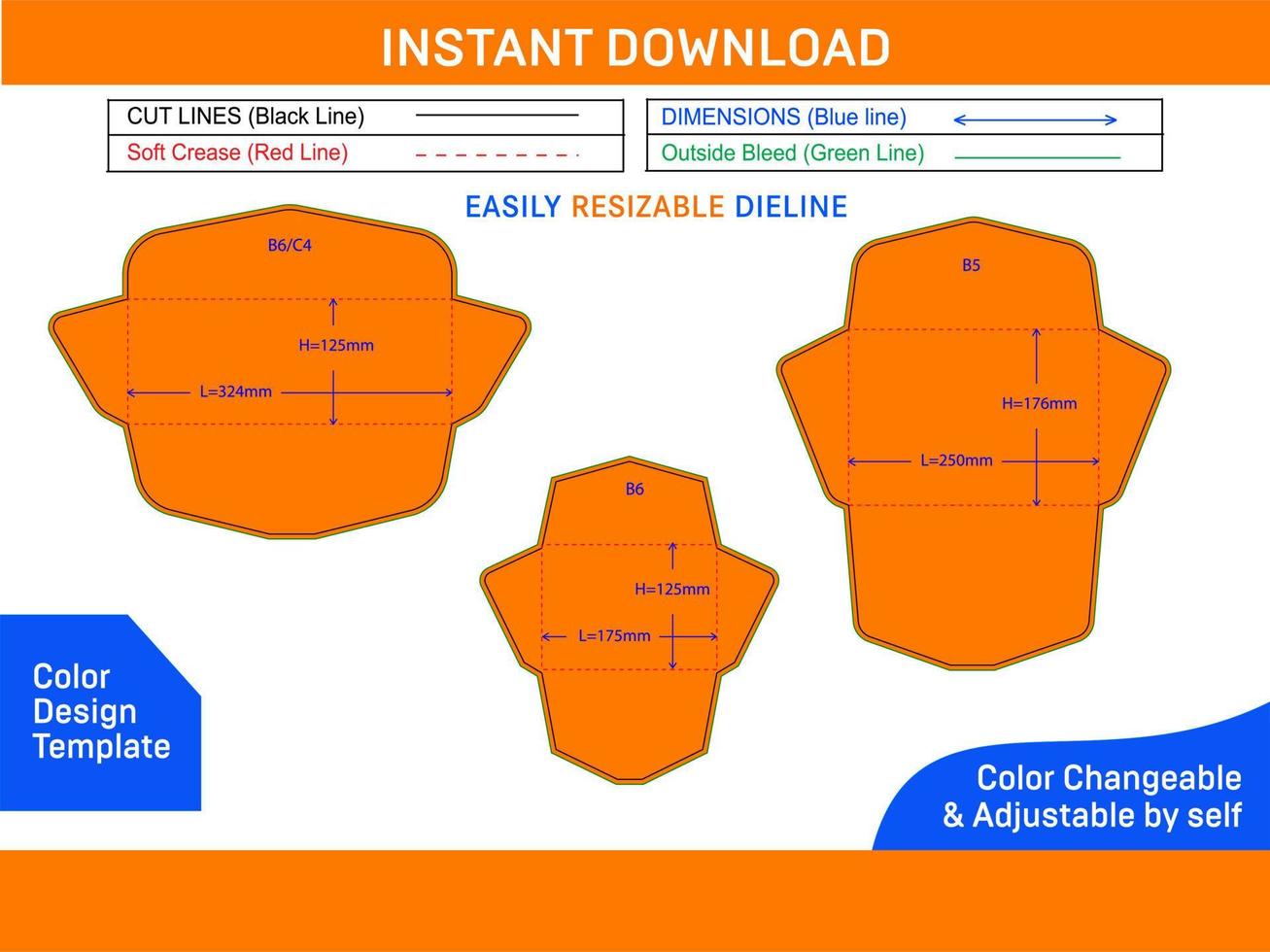 enveloppe tailles dieline modèle et 3d enveloppes Couleur conception modèle vecteur