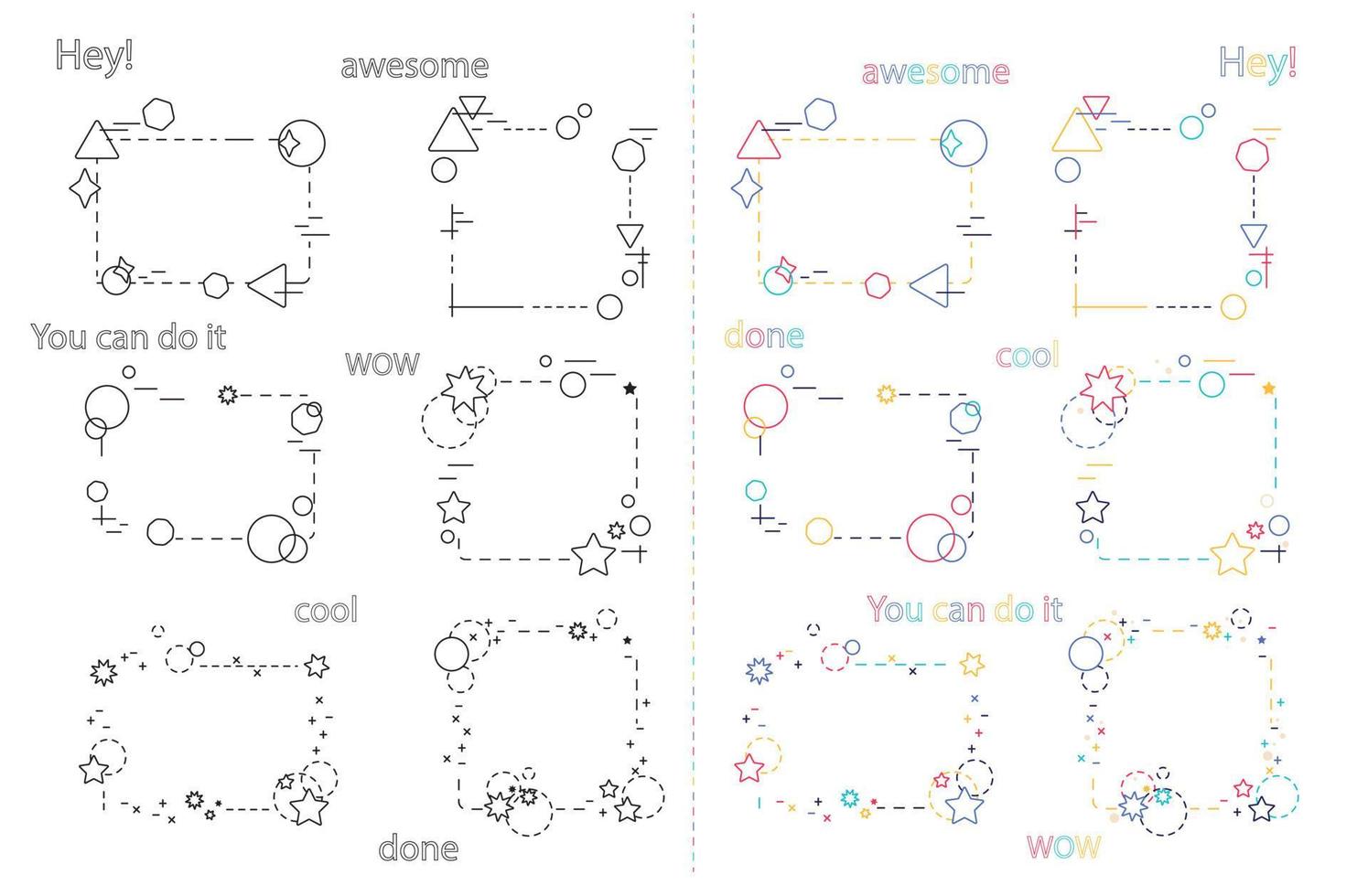 ensemble de cadres avec espace pour texte et phrases. vecteur Couleur et noir et blanc cadres pour social médias ou travaux d'aiguille. griffonnage ligne art des illustrations avec texte