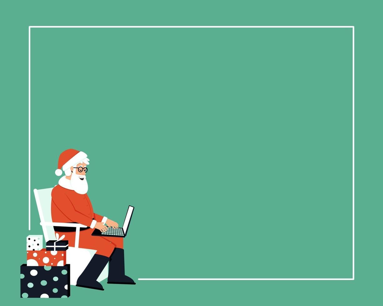 Le père Noël est assis parmi les cadeaux et écrit une lettre sur un ordinateur portable vecteur