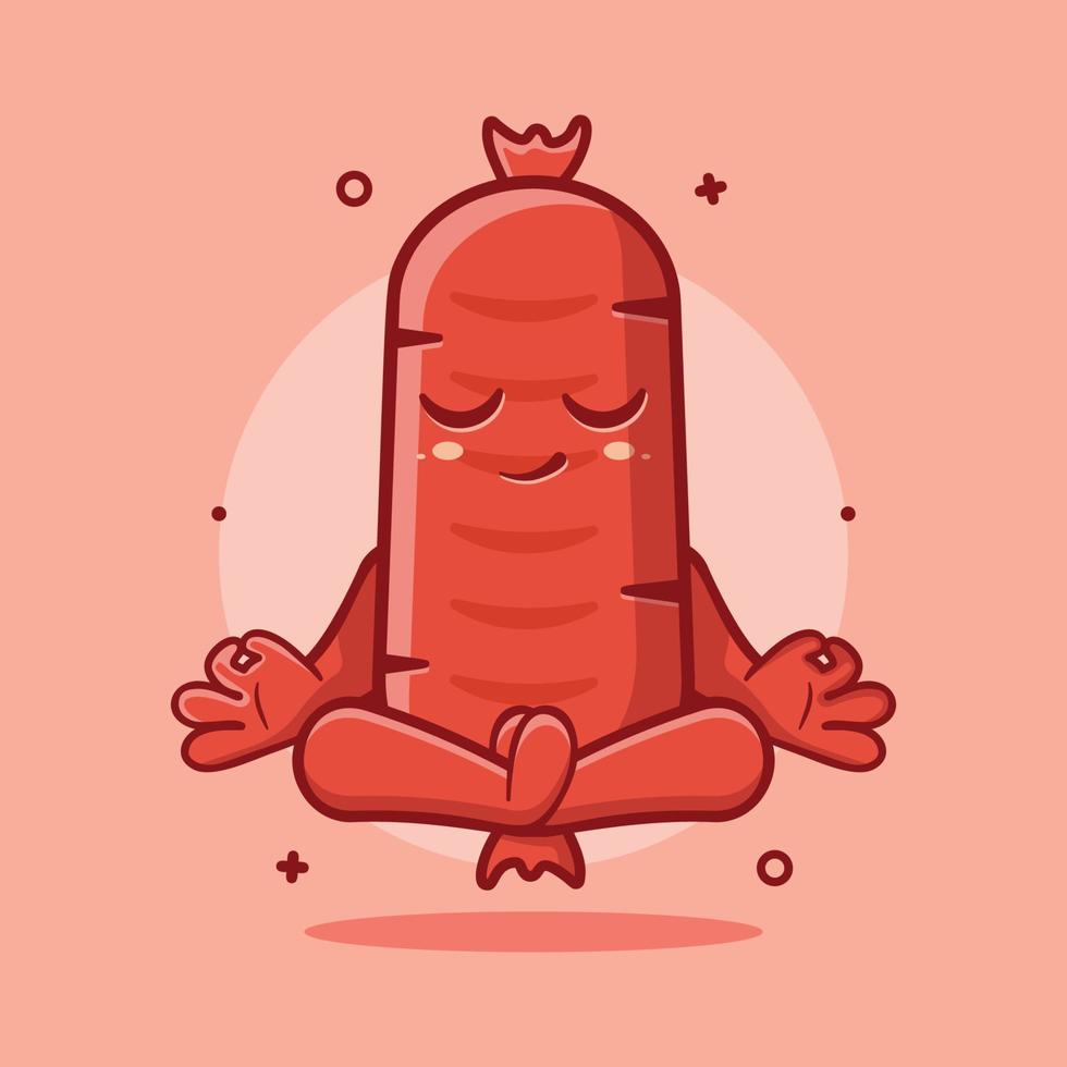 calme saucisse nourriture personnage avec yoga méditation pose mascotte isolé dessin animé dans plat style conception vecteur