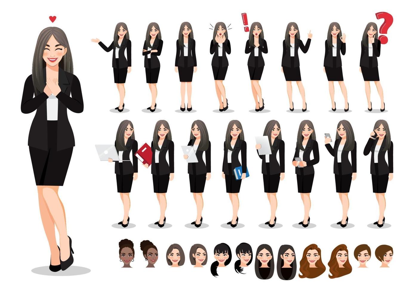 jeu de caractères de dessin animé de femme d'affaires. belle femme d'affaires en costume noir de style bureau. illustration vectorielle vecteur