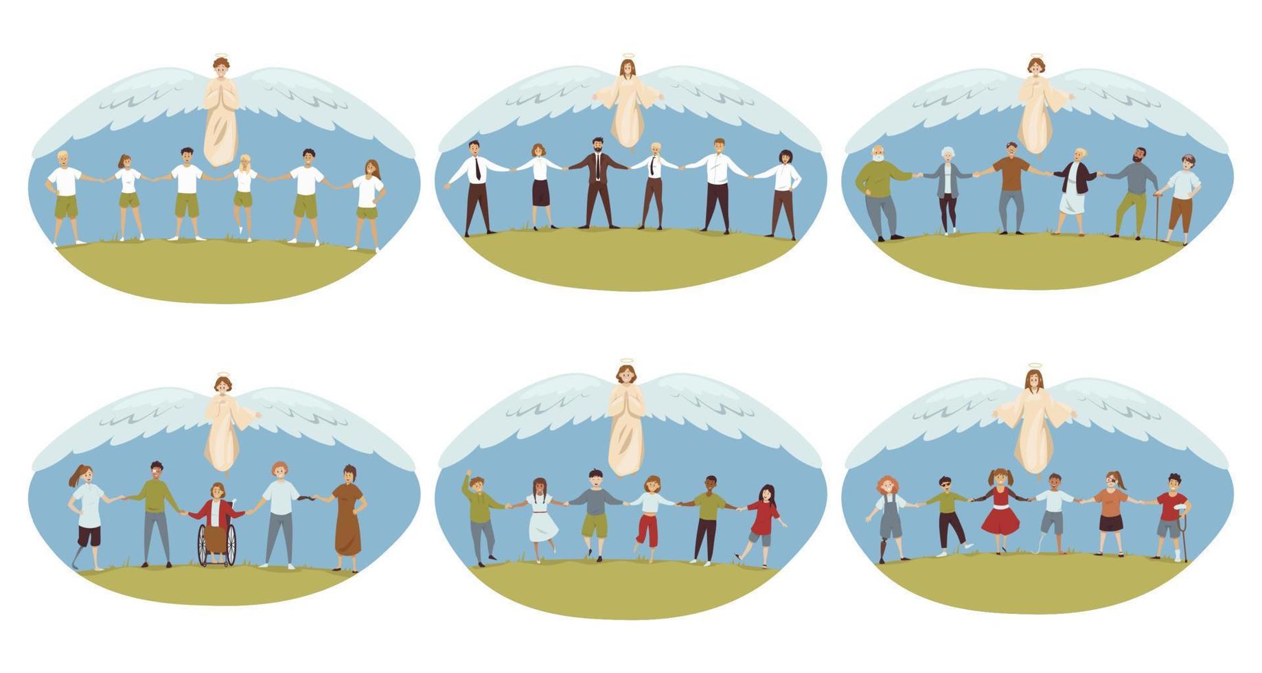 protection, religion, christianisme ensemble concept. anges biblique religieux personnages protéger vieux Hommes femmes affaires gens enfants désactivée la personne en portant mains ensemble. Divin Aidez-moi illustration. vecteur