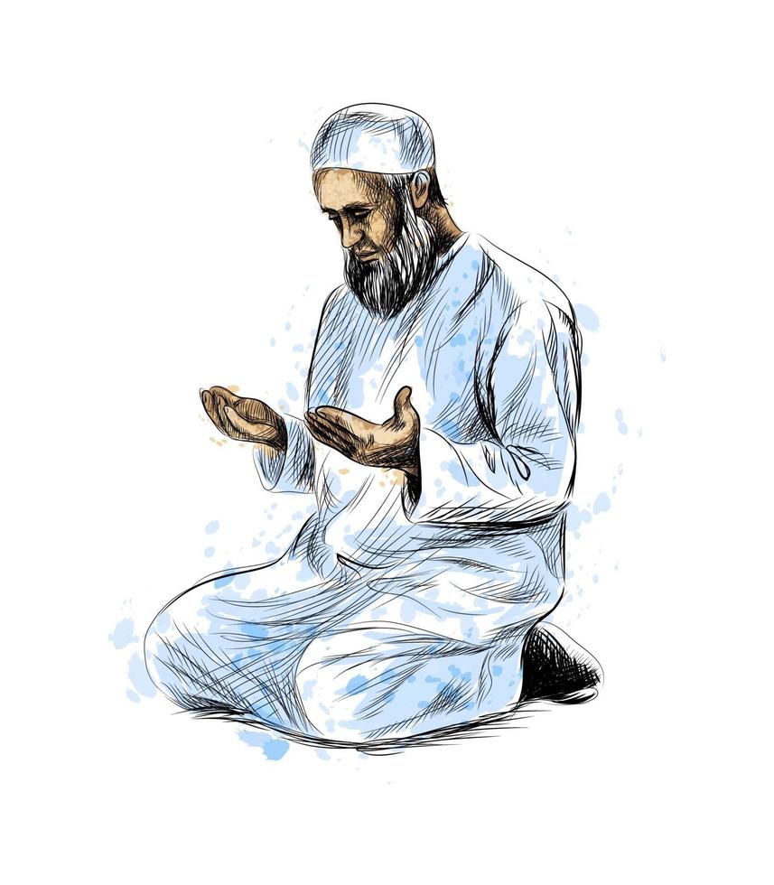 homme musulman priant, croquis dessiné à la main. illustration vectorielle vecteur