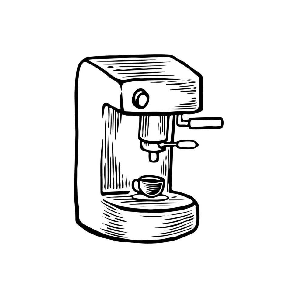illustration vectorielle de machine à café et de capsules dessinés à la main. Image détaillée de style rétro du moulin à grains de café. ancien élément de croquis classique vintage pour le concept de modèle de café logotype. vecteur