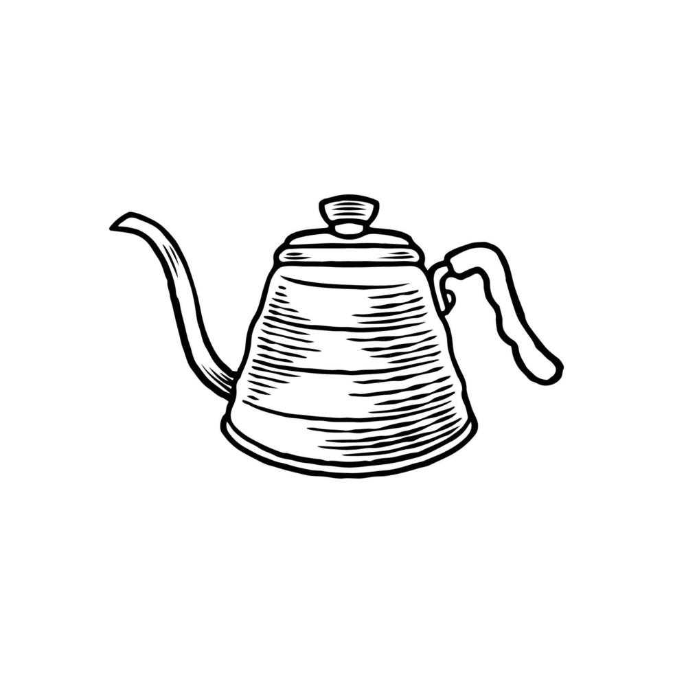 dessinés à la main d'illustration de pot de café avec un style vintage. pot de moka pour le brassage de café expresso isolé sur fond blanc. concept de café. bouilloire en acier avec poignée et croquis de vecteur de couvercle