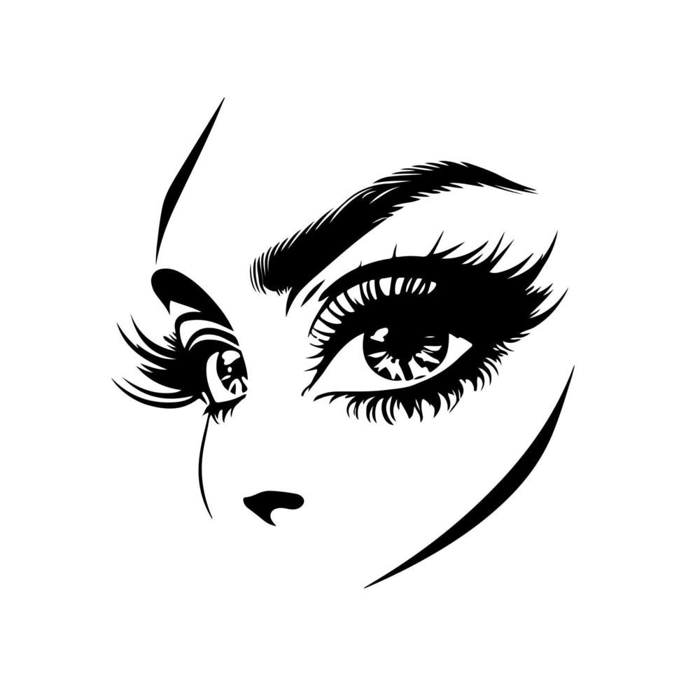 yeux féminins beaux et expressifs avec de longs cils, un maquillage sombre et des sourcils épais à la mode. illustration vectorielle monochrome. vecteur