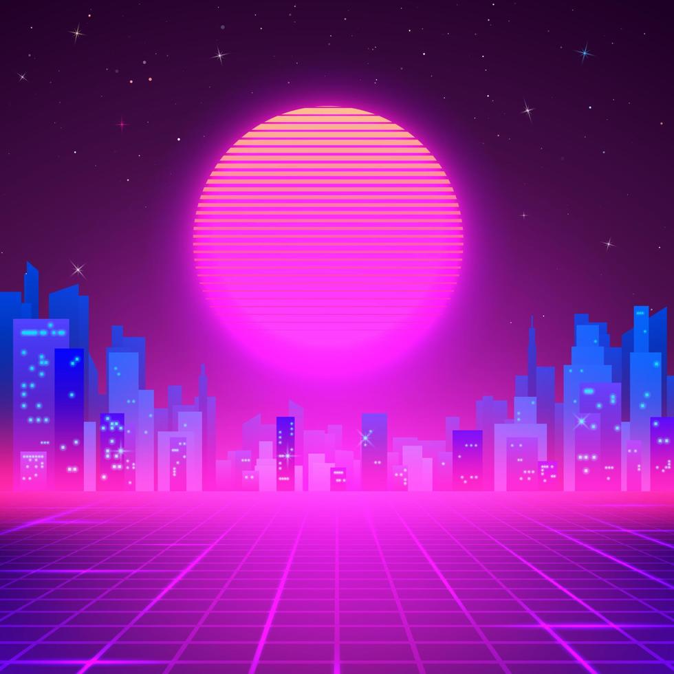 silhouette nuit ville sur ligne d'horizon. Années 80 rétro science-fiction Contexte. cyberpunk ou futuriste conception dans Années 80 style. vecteur illustration