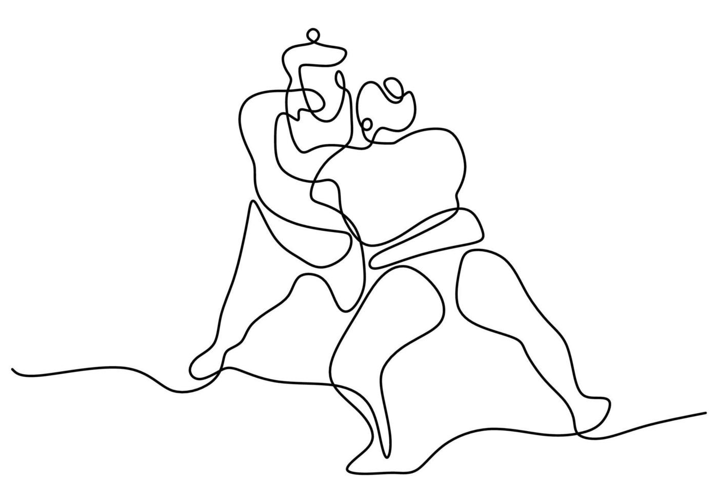 Un dessin au trait continu de deux jeunes grands hommes rikishi japonais se bat au style de minimalisme de tournoi de festival isolé sur fond blanc. concept de sport sumo traditionnel. illustration vectorielle vecteur