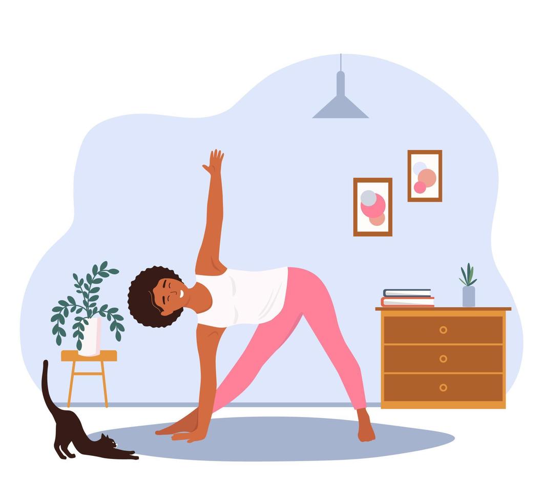une femme Est-ce que yoga à Accueil dans une chambre, garde équilibre. des exercices pour méditation, santé, élongation. vecteur plat graphique.