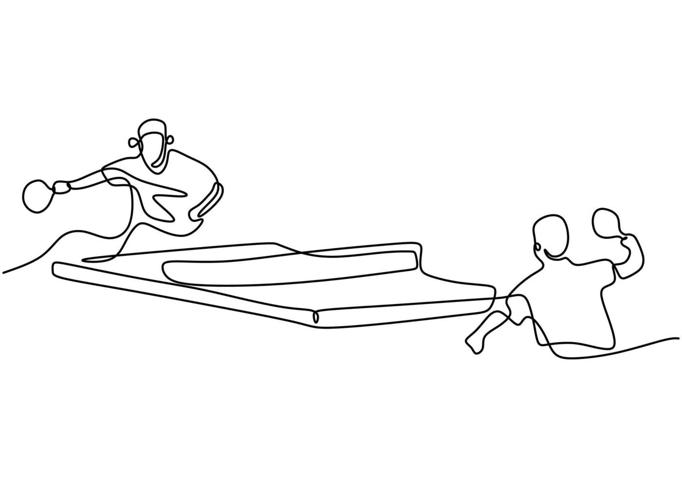 dessin au trait continu du jeune homme heureux joueur de tennis de table a frappé la balle. deux athlète jouant au tennis de table isolé sur fond blanc. concept d'exercice de compétition et de sport. illustration vectorielle vecteur