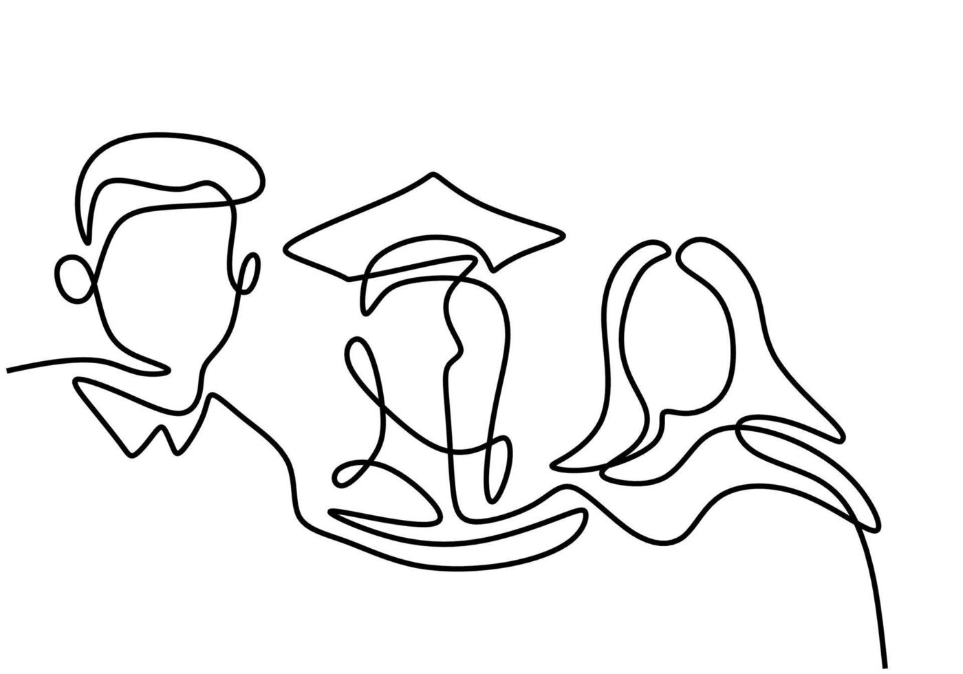 un dessin au trait continu de l'étudiant diplômé. étudiant heureux qui est la photo de remise des diplômes avec les parents isolés sur fond blanc. concept de célébration de remise des diplômes. style minimaliste de vecteur