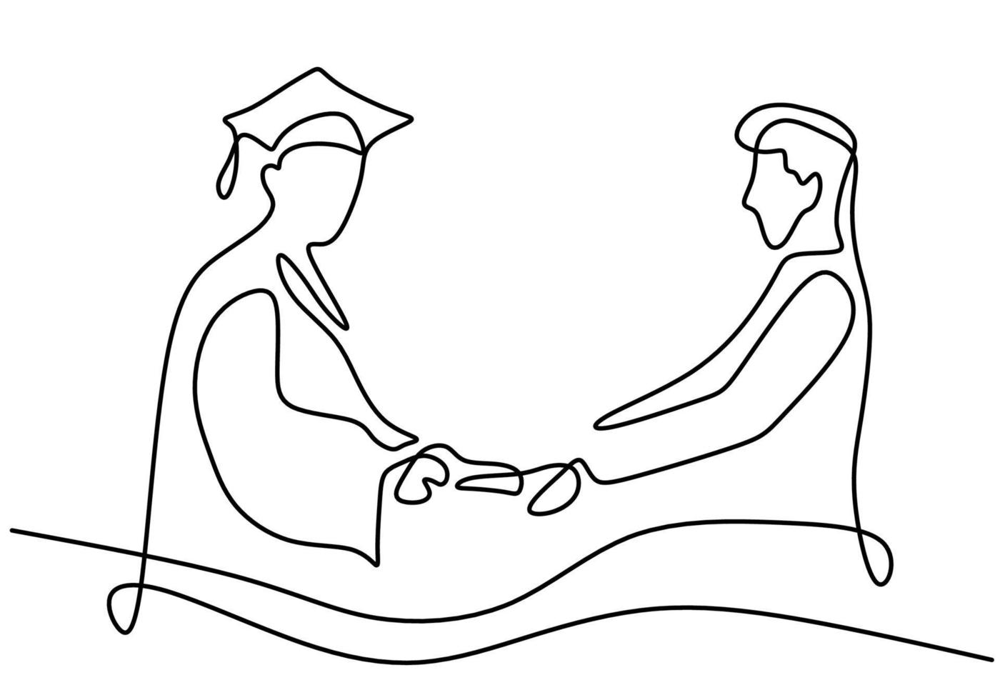 un seul dessin au trait d'un étudiant diplômé avec conférencier isolé sur fond blanc. un conférencier donne des diplômes aux étudiants et leur serre la main. concept de graduation de l'éducation. illustration vectorielle vecteur