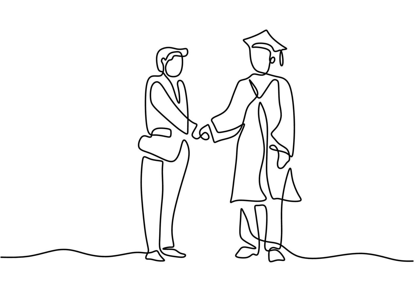 un seul dessin au trait d'un étudiant diplômé avec conférencier isolé sur fond blanc. un conférencier donne des diplômes aux étudiants et leur serre la main. concept de graduation de l'éducation. illustration vectorielle vecteur