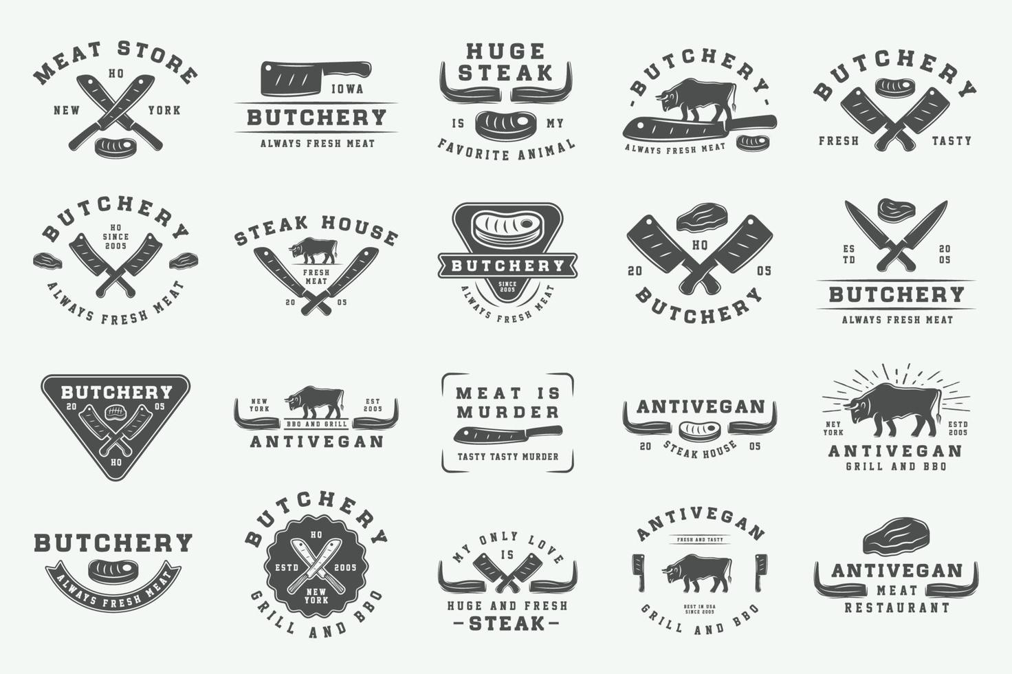 ensemble de ancien boucherie Viande, steak ou un barbecue logos, emblèmes, insignes, Étiquettes. graphique art. illustration. vecteur. vecteur