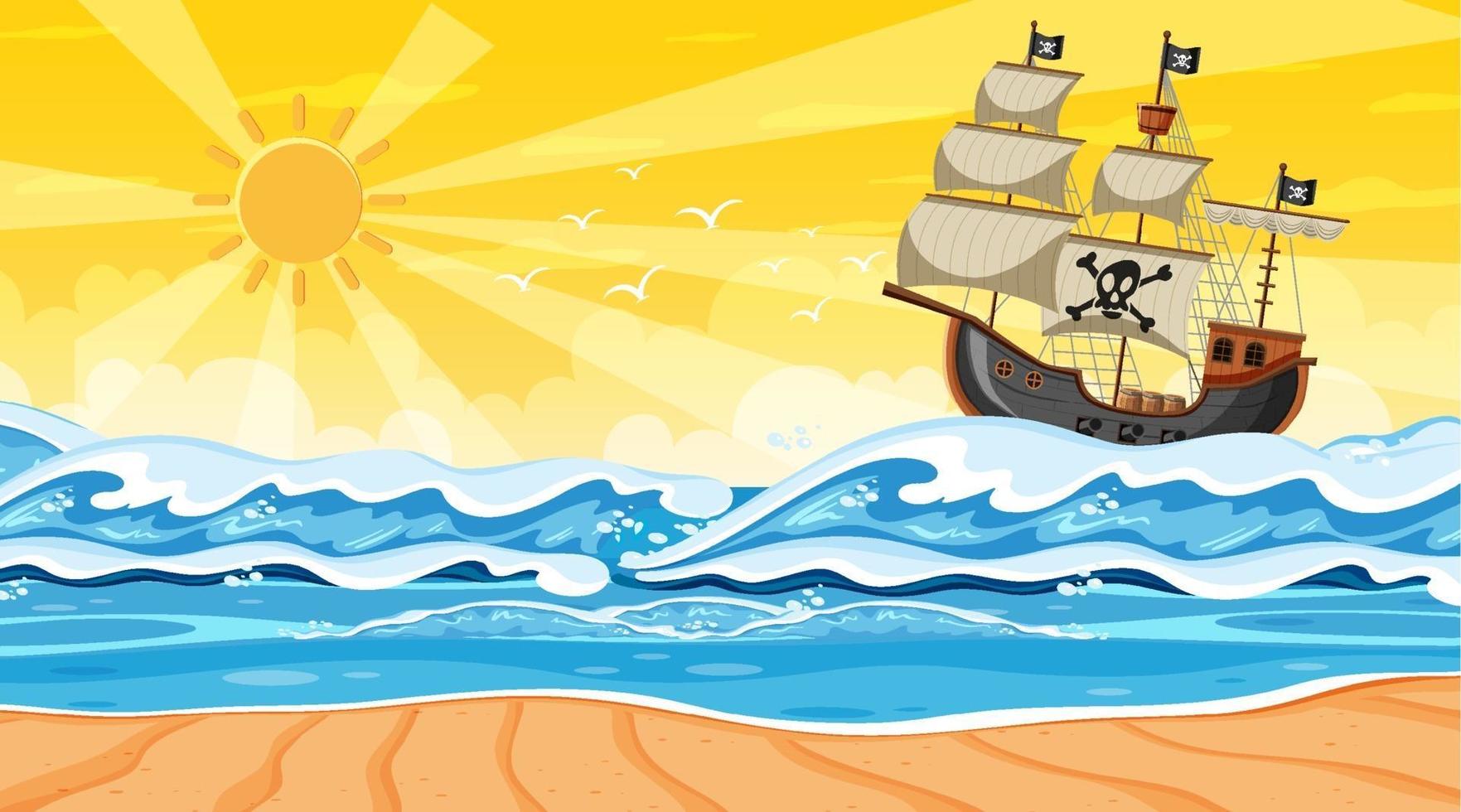 scène de plage au coucher du soleil avec bateau pirate en style cartoon vecteur