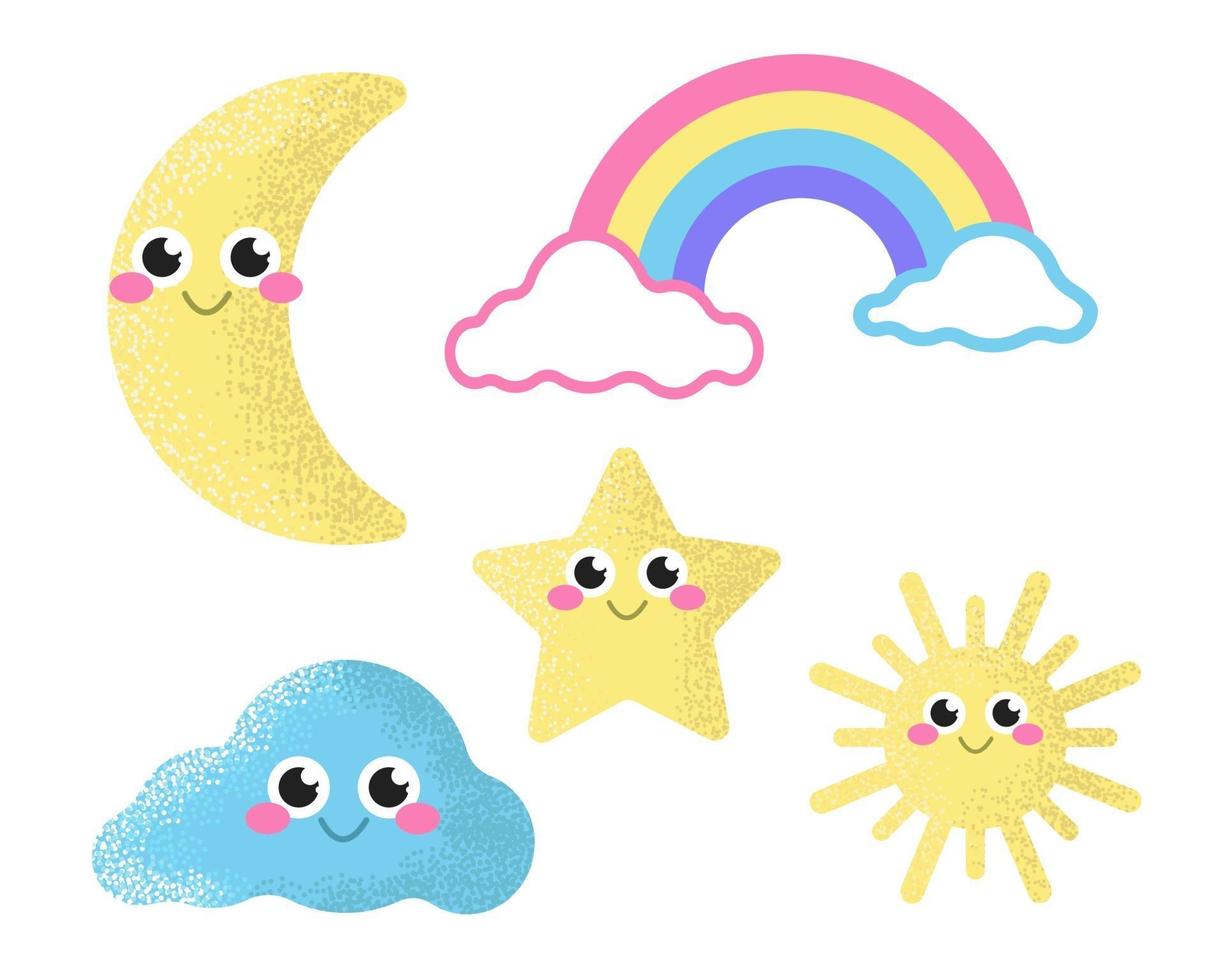 ensemble d'icônes mignonnes étoile, lune, arc-en-ciel, nuage et soleil. couleurs pastel douces, décor pour la pépinière. illustration vectorielle plane sur fond blanc vecteur