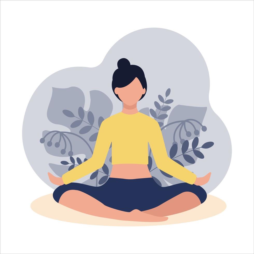 la jeune fille est assise en position du lotus sur le fond des plantes. yoga dans la nature. méditation, relaxation. illustration de plat de vecteur isolé sur fond blanc