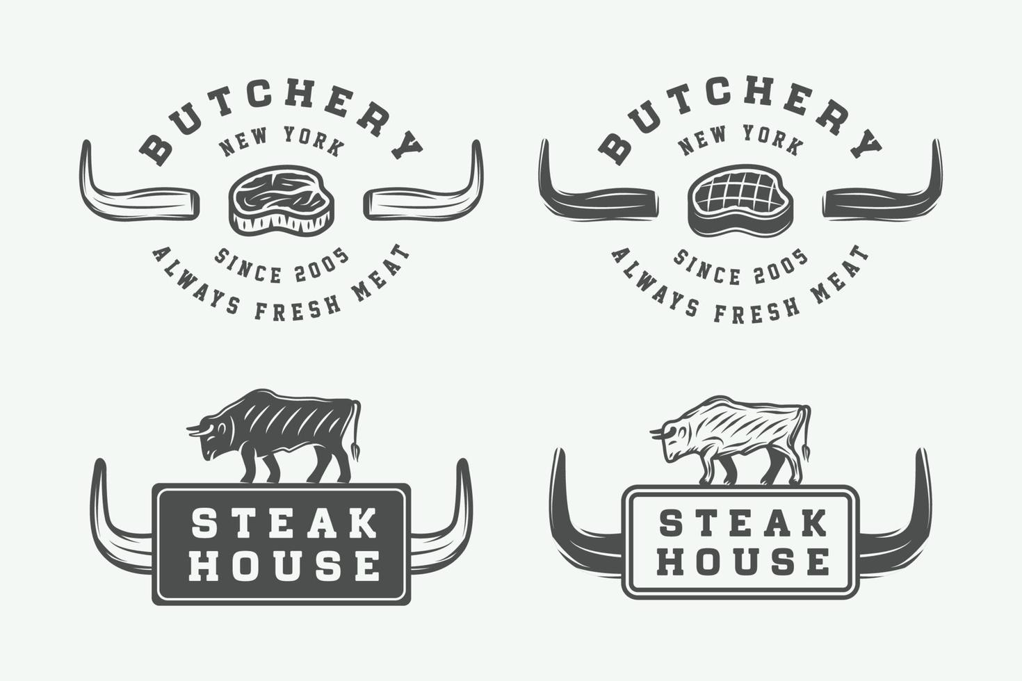 ensemble de logos, emblèmes, badges, étiquettes de viande de boucherie vintage, de steak ou de barbecue. art graphique monochrome. illustration vectorielle. vecteur