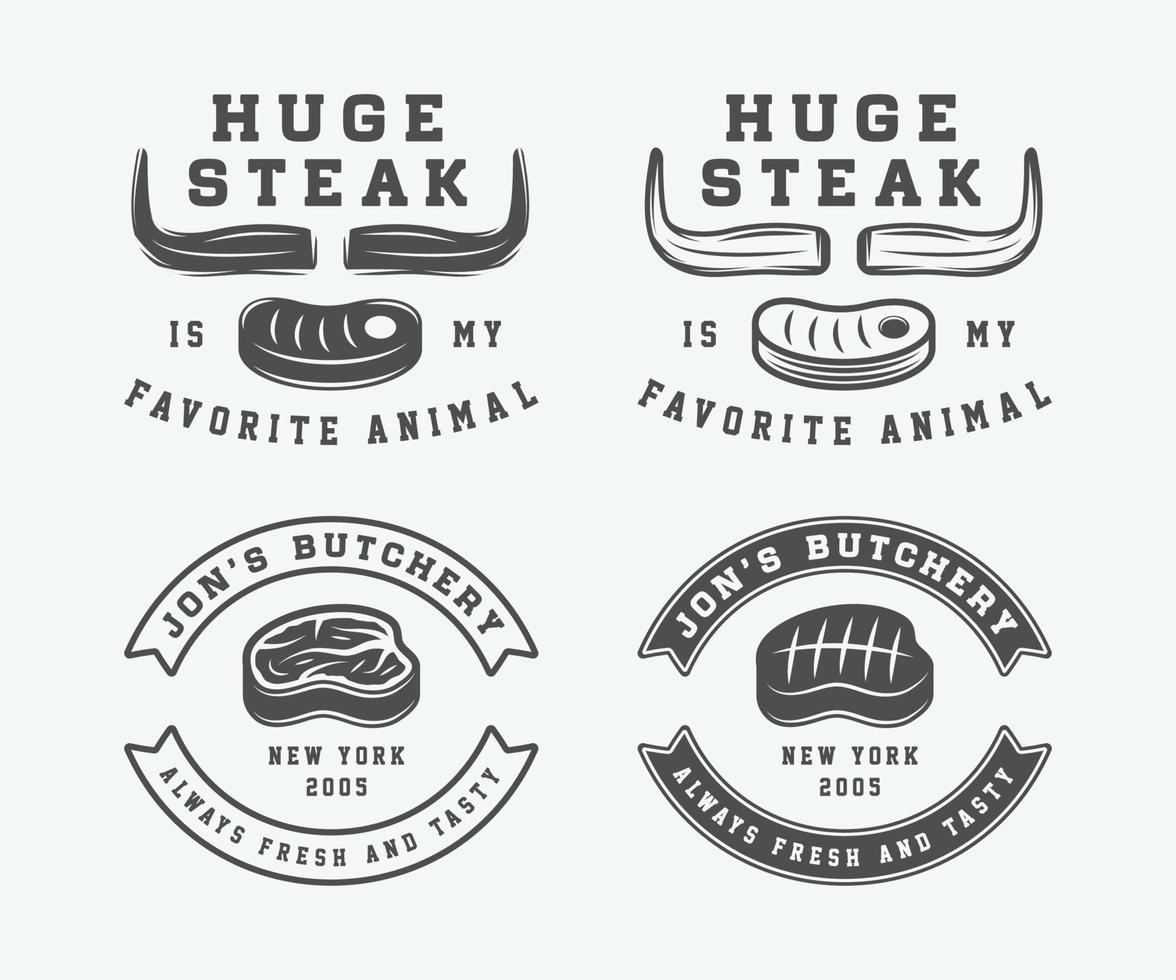 ensemble de logos, emblèmes, badges, étiquettes de viande de boucherie vintage, de steak ou de barbecue. art graphique monochrome. illustration vectorielle. vecteur