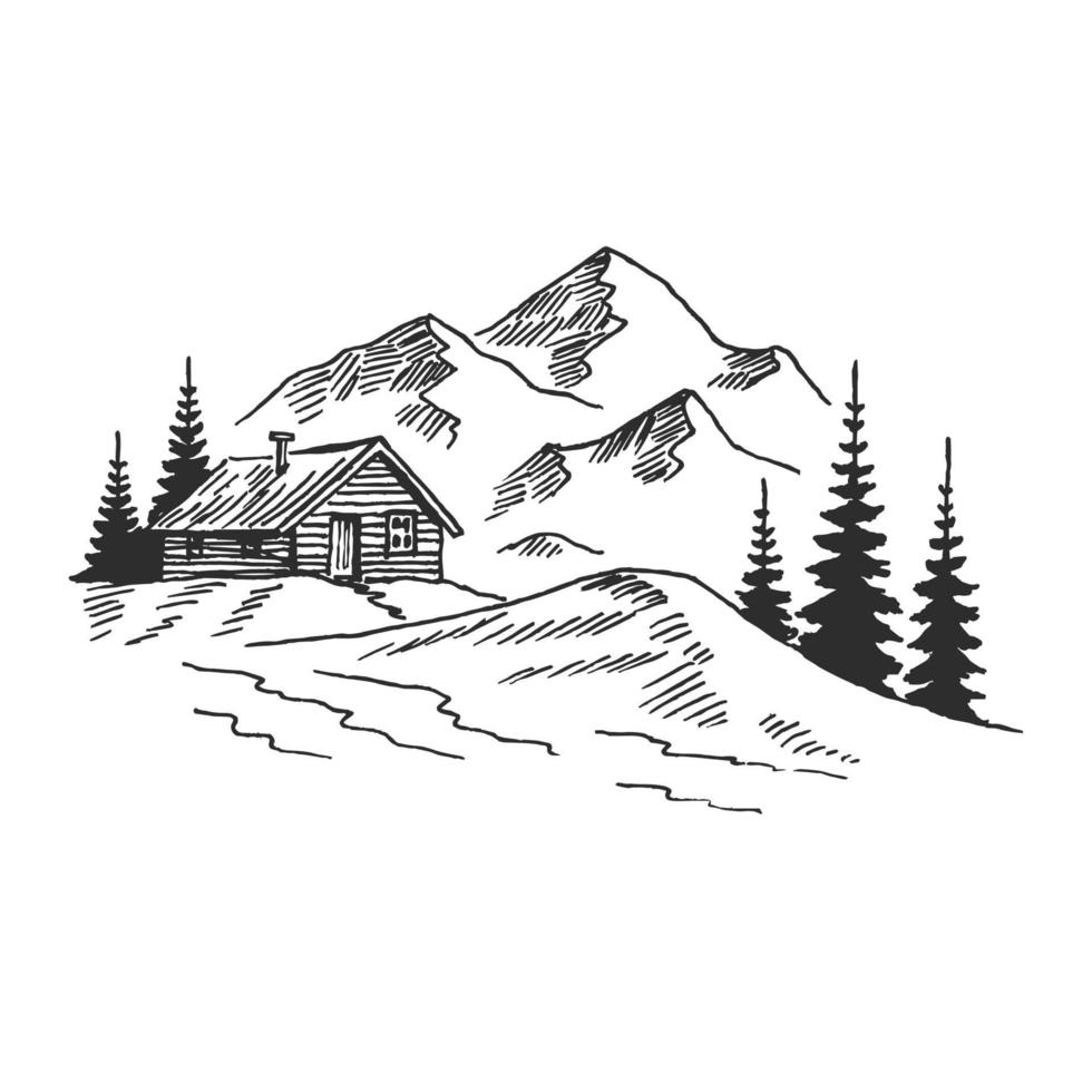 montagne avec des pins et paysage de maison de campagne noir sur fond blanc. pics rocheux dessinés à la main dans le style de croquis. illustration vectorielle. vecteur