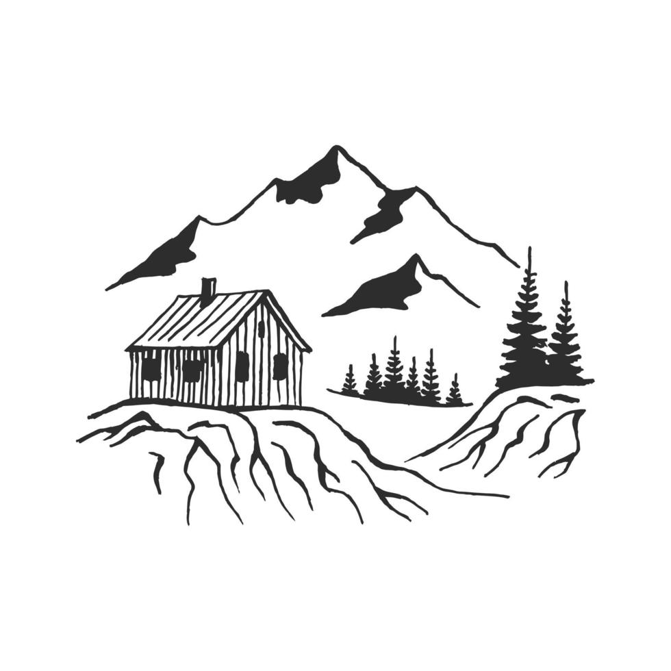 maison dans les montagnes avec des pins. paysage noir sur fond blanc. pics rocheux dessinés à la main dans le style de croquis. illustration vectorielle. vecteur