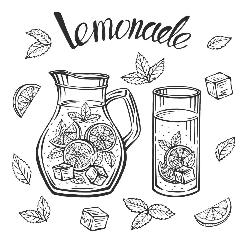 cruche en verre avec de la limonade, croquis de limonade maison, illustration de l'été. citron dessiné à la main, tranche de citron, paille. l'inscription sur la limonade. vecteur