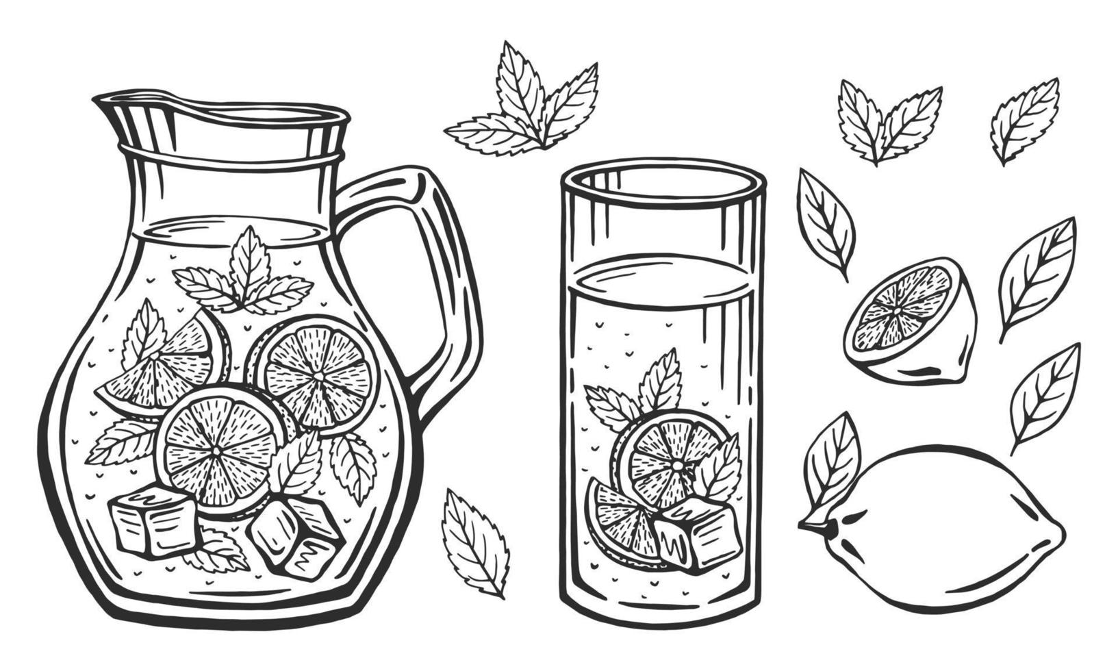 cruche en verre avec de la limonade, croquis de limonade maison, illustration de l'été. citron dessiné à la main, tranche de citron, paille. l'inscription sur la limonade. vecteur