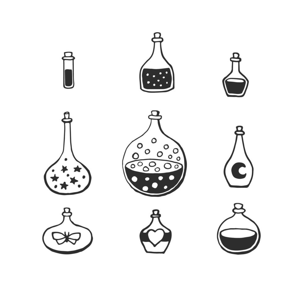 potion magique, illustration vectorielle de bouteille en verre gravure. attribut occulte de potion magique pour la sorcellerie. vecteur
