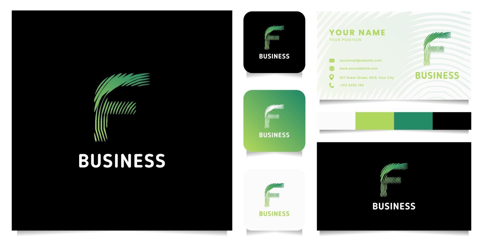 logo de lettre f de lignes circulaires dégradé vert coloré avec modèle de carte de visite vecteur
