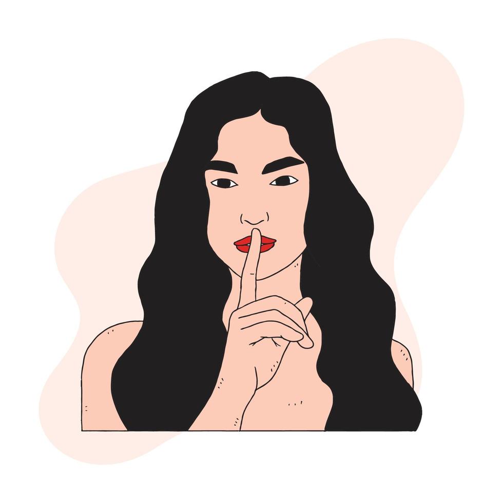 une femme avec sa cheveux ample avec sa indice doigt sur sa lèvres vecteur