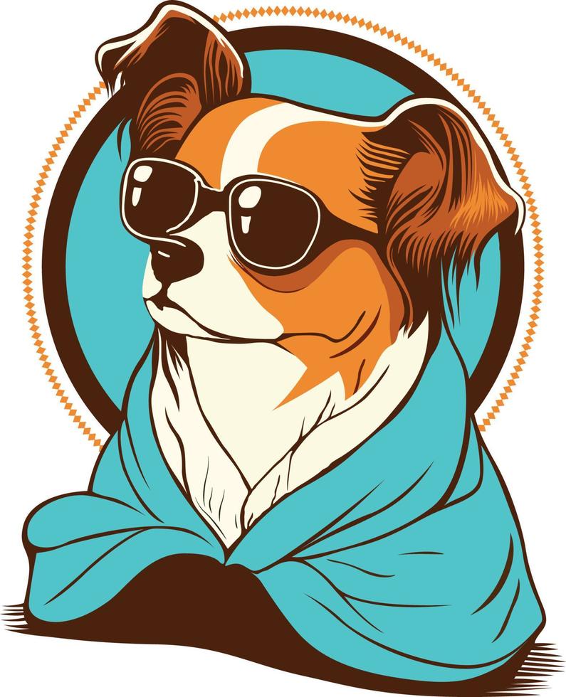 chien portant une lunettes de soleil et serviette pour plage fête vecteur
