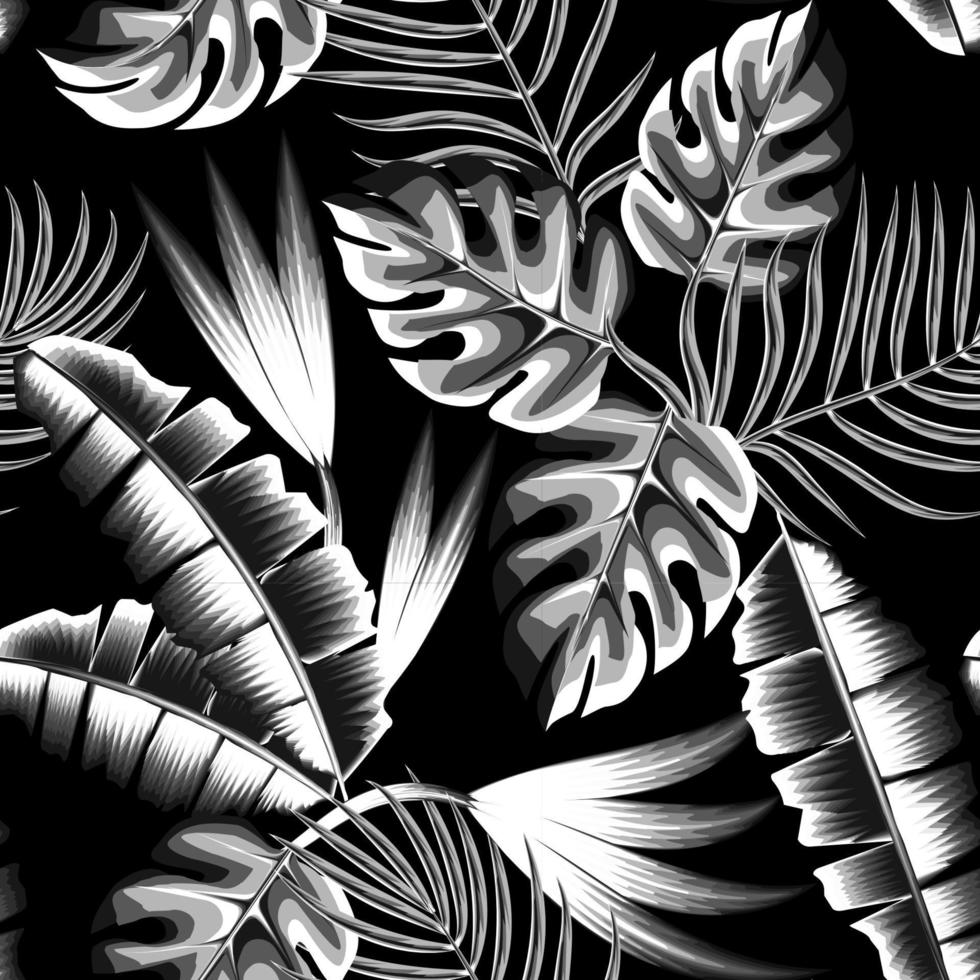 gris momochromatique tropical paume feuilles sans couture modèle avec banane monstera feuille et les plantes feuillage sur foncé Contexte. esquisser dessin. ancien style. gaffe pour literie, textile, tissu, fond d'écran. vecteur