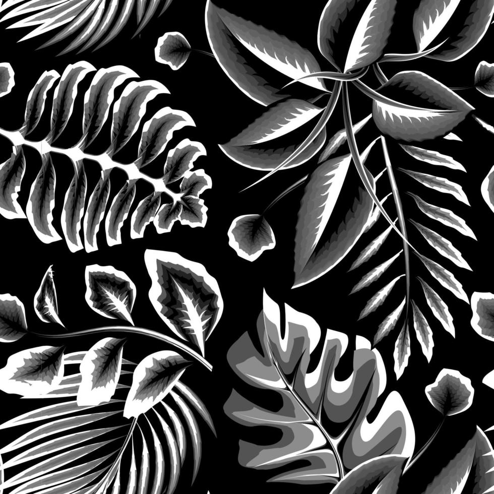 nuit jungle les plantes illustration sans couture modèle avec ancien tropical feuilles et feuillage sur foncé Contexte. fond d'écran décoratif. tropical sans couture Contexte. jungle feuilles. botanique modèle. vecteur