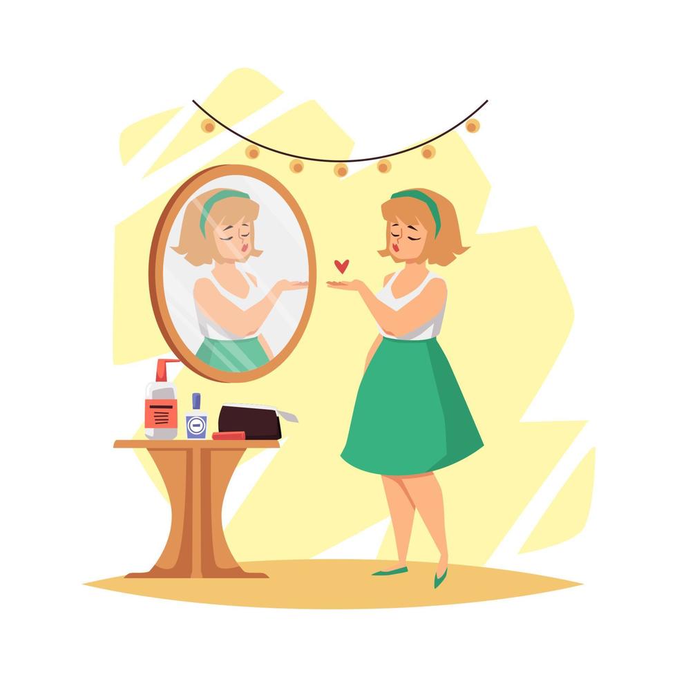 femme satisfait avec sa apparence dans miroir plat vecteur illustration isolé.