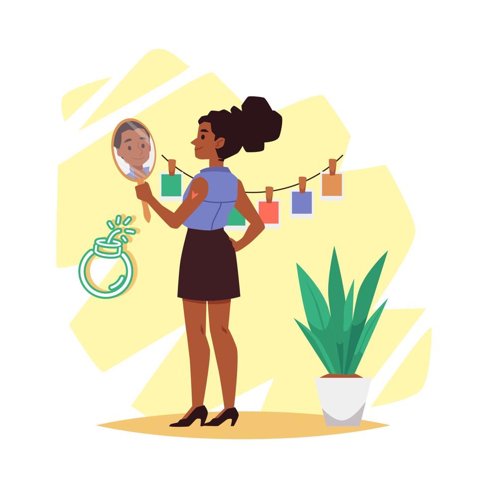 sur de soi africain américain femme avec miroir plat vecteur illustration isolé.