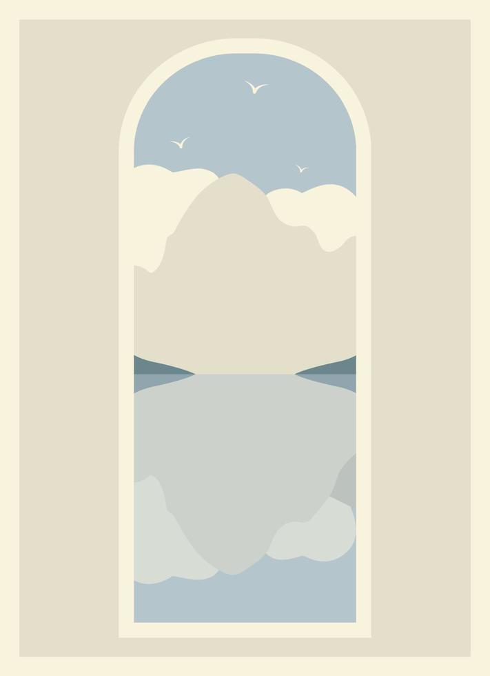 minimaliste montagnes paysage fenêtre vue illustration affiche. milieu siècle moderne vecteur art avec main tiré montagnes et lac.
