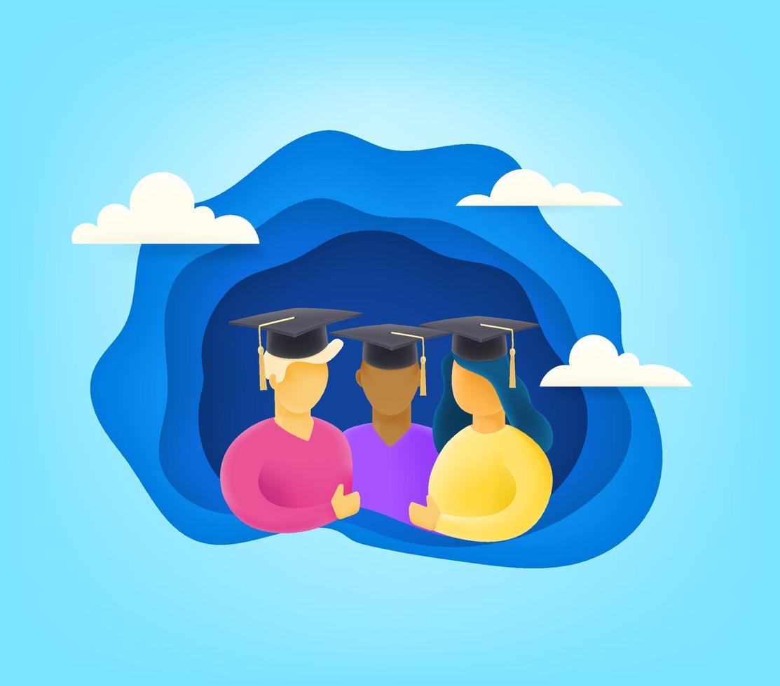 groupe de jeunes étudiants avec chapeau de graduation. illustration vectorielle de style de découpe vecteur