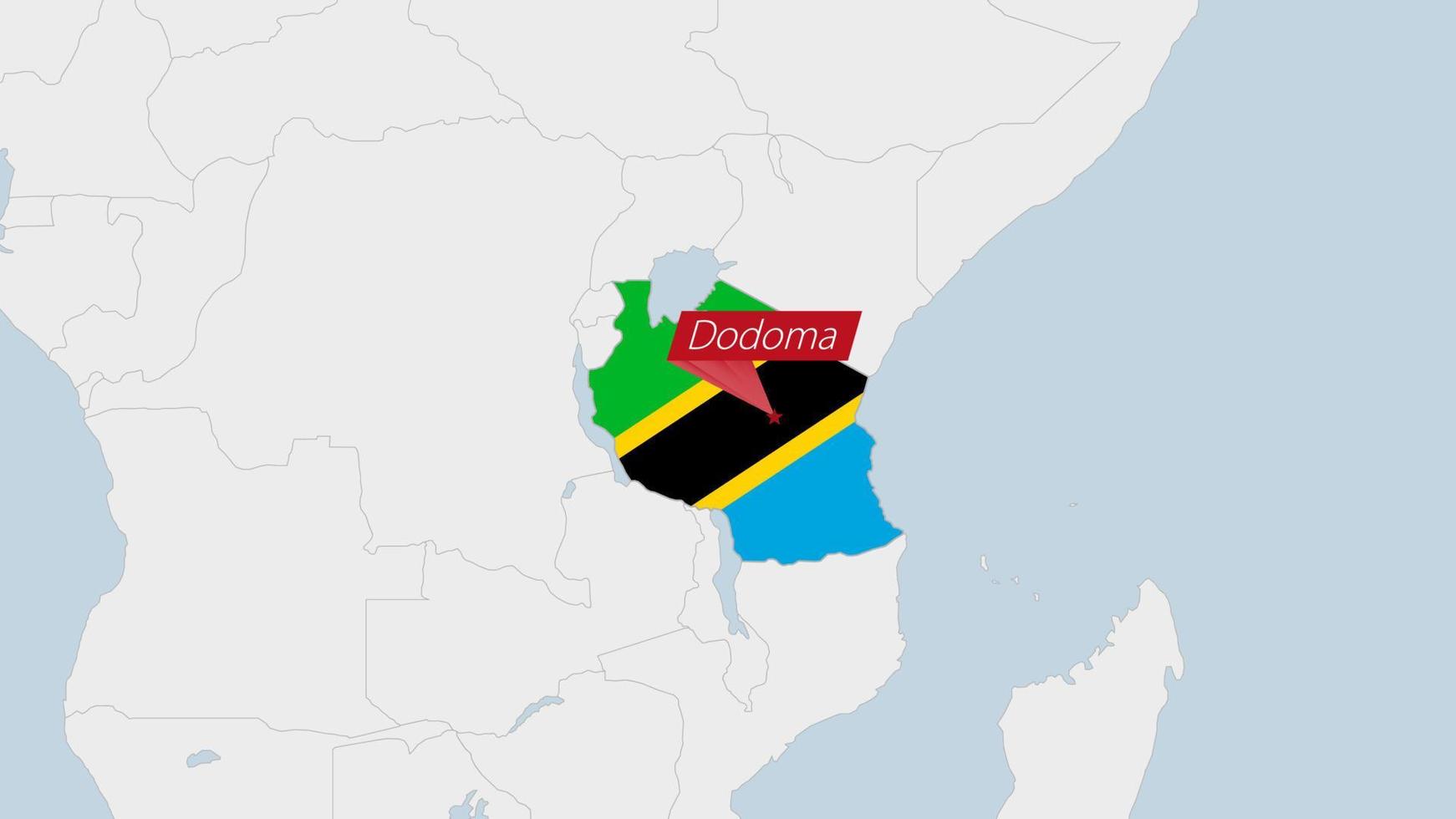 Tanzanie carte Souligné dans Tanzanie drapeau couleurs et épingle de pays Capitale dodoma. vecteur