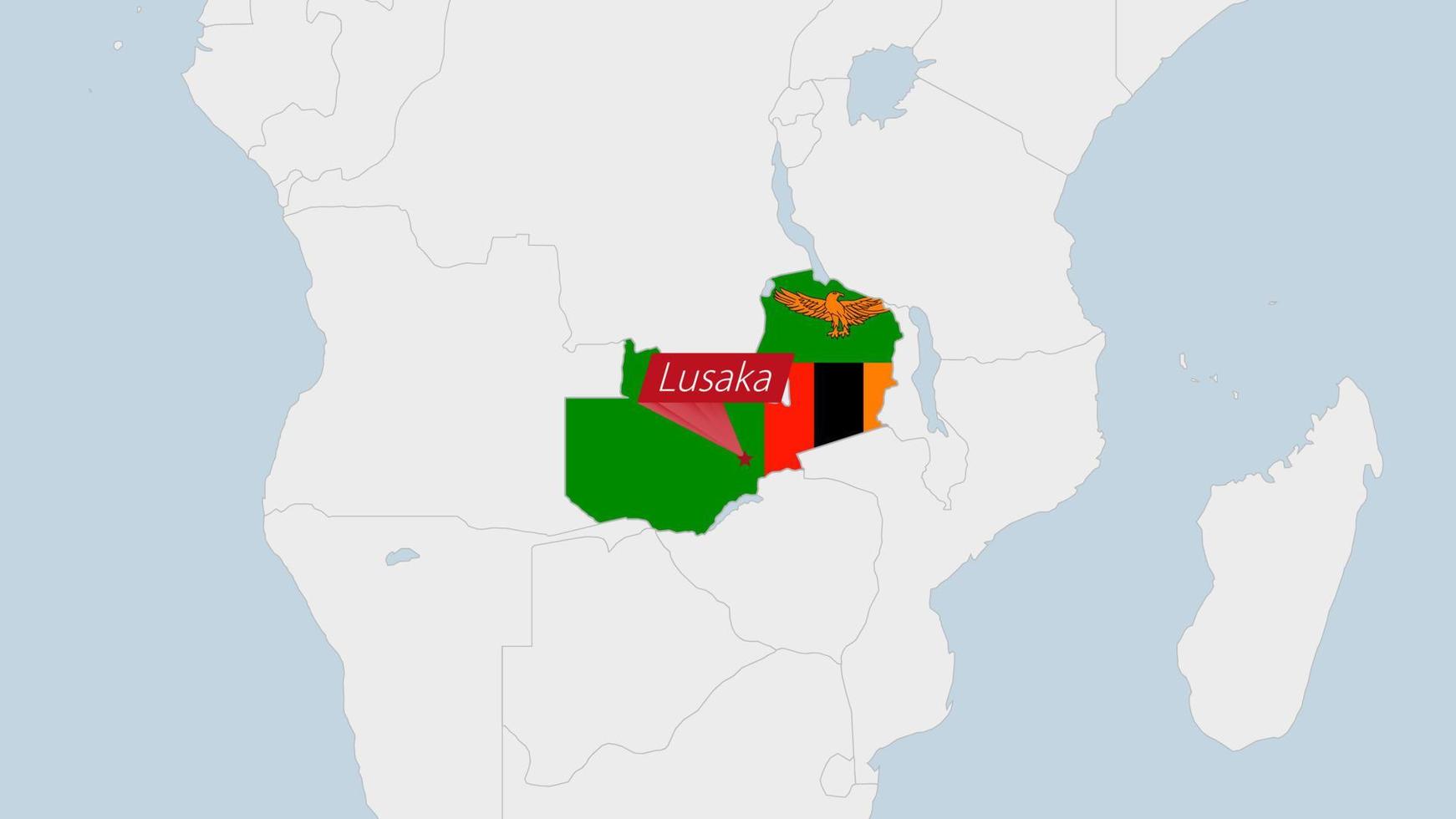 Zambie carte Souligné dans Zambie drapeau couleurs et épingle de pays Capitale Lusaka. vecteur